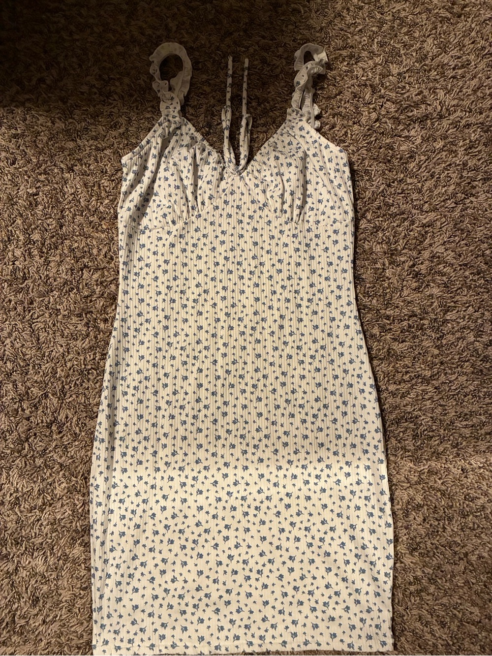 White Slip Dress with Blue Floral Print and Ruffled Straps